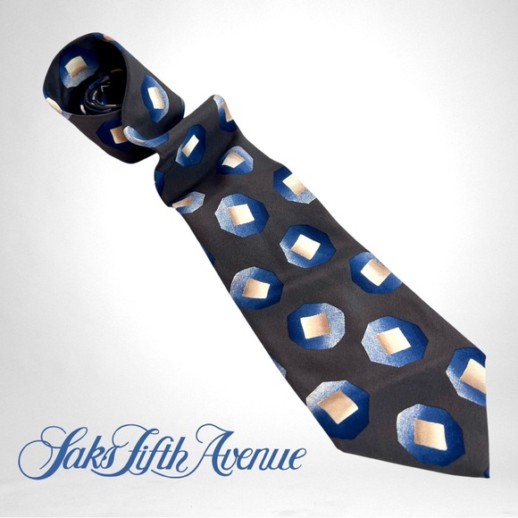 SAKS FIFTH AVENUE Mens Tie 100% Silk Blue Gray Circle Square Pattern - Picture 1 of 8